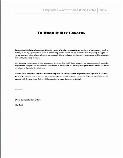 Letter Of Concern for Employee New the Employee Re Mendation Letter is Written by A Manager