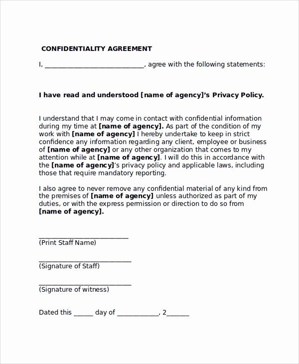 Letter Of Confidentiality Template Fresh 9 Sample Confidentiality Agreement forms