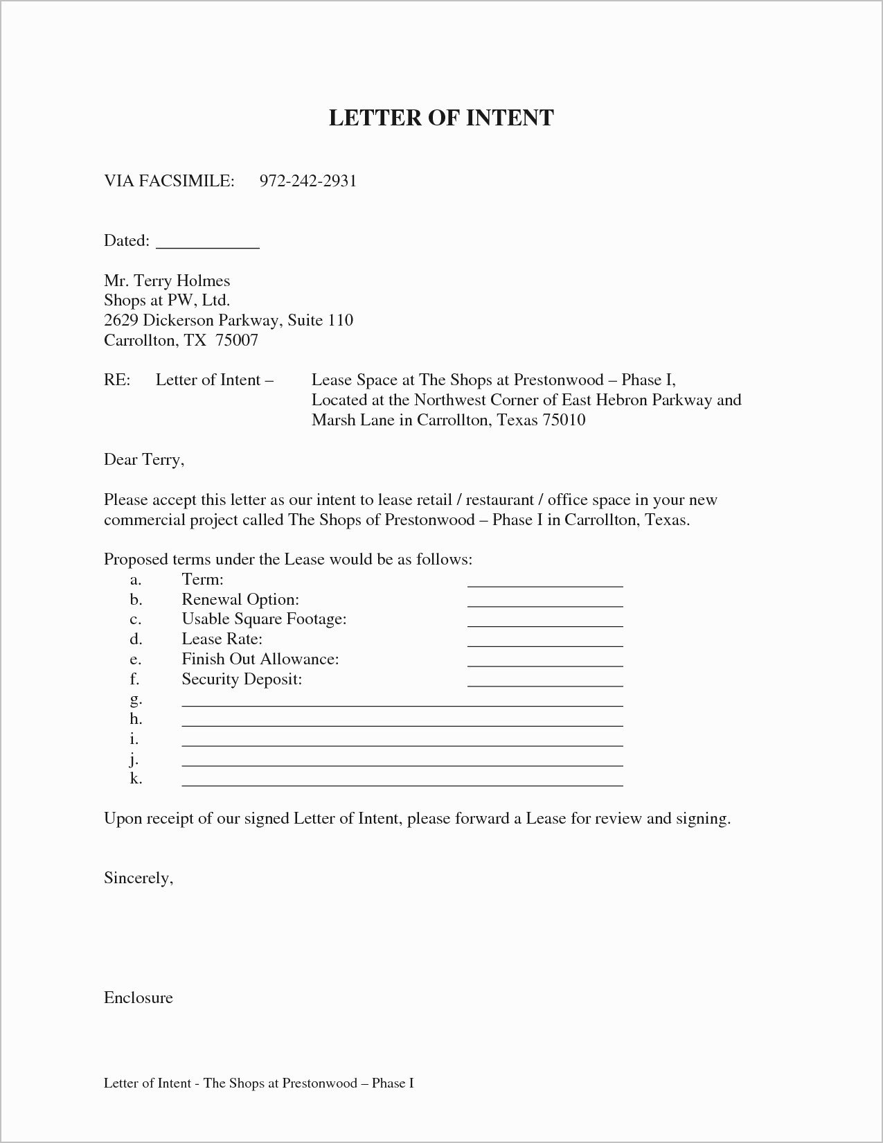 Letter Of Intent to Lease Sample Inspirational Letter Intent to Lease Mercial Property Template Gallery