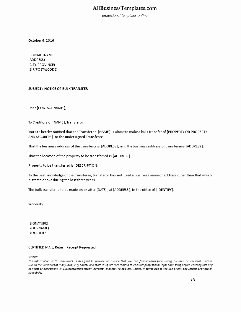 Letter Of Ownership Of Business Best Of Free formal Letter Notice Of Bulk Transfer