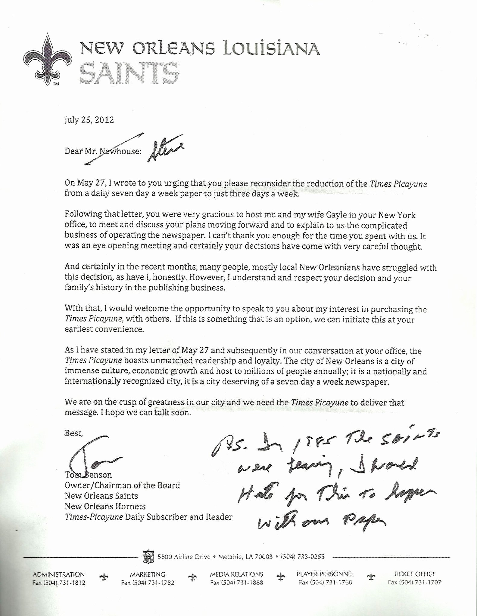 Letter Of Ownership Of Business Fresh Saints Owner tom Benson Says He Wants to the Times