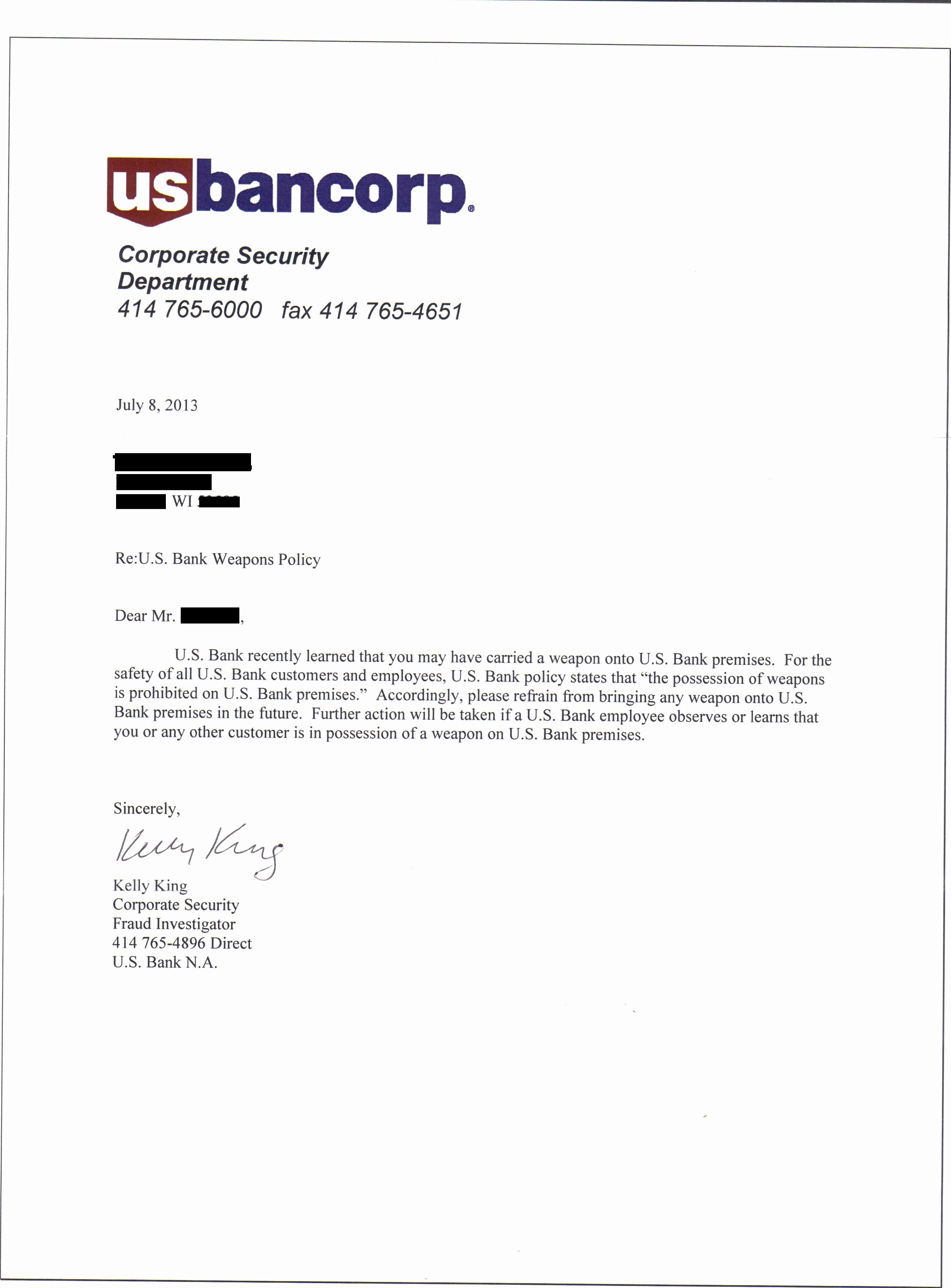 Letter to Close Bank Account Unique Us Bank Corp Tells Customers No Concealed Carry at their Banks