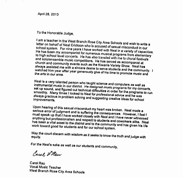 Letter to Judge asking for Leniency for Friend New Leniency Letters From West Branch Rose City Teachers