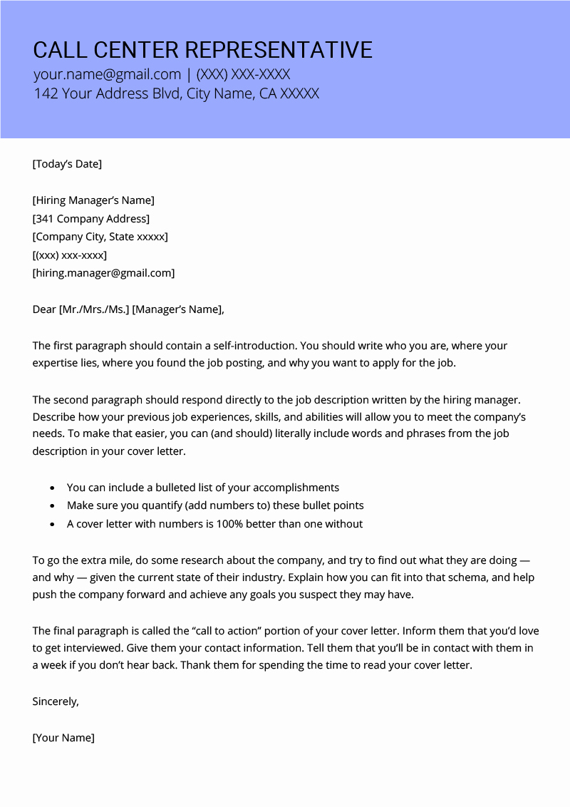 Letter to Role Model Fresh Call Center Representative Cover Letter