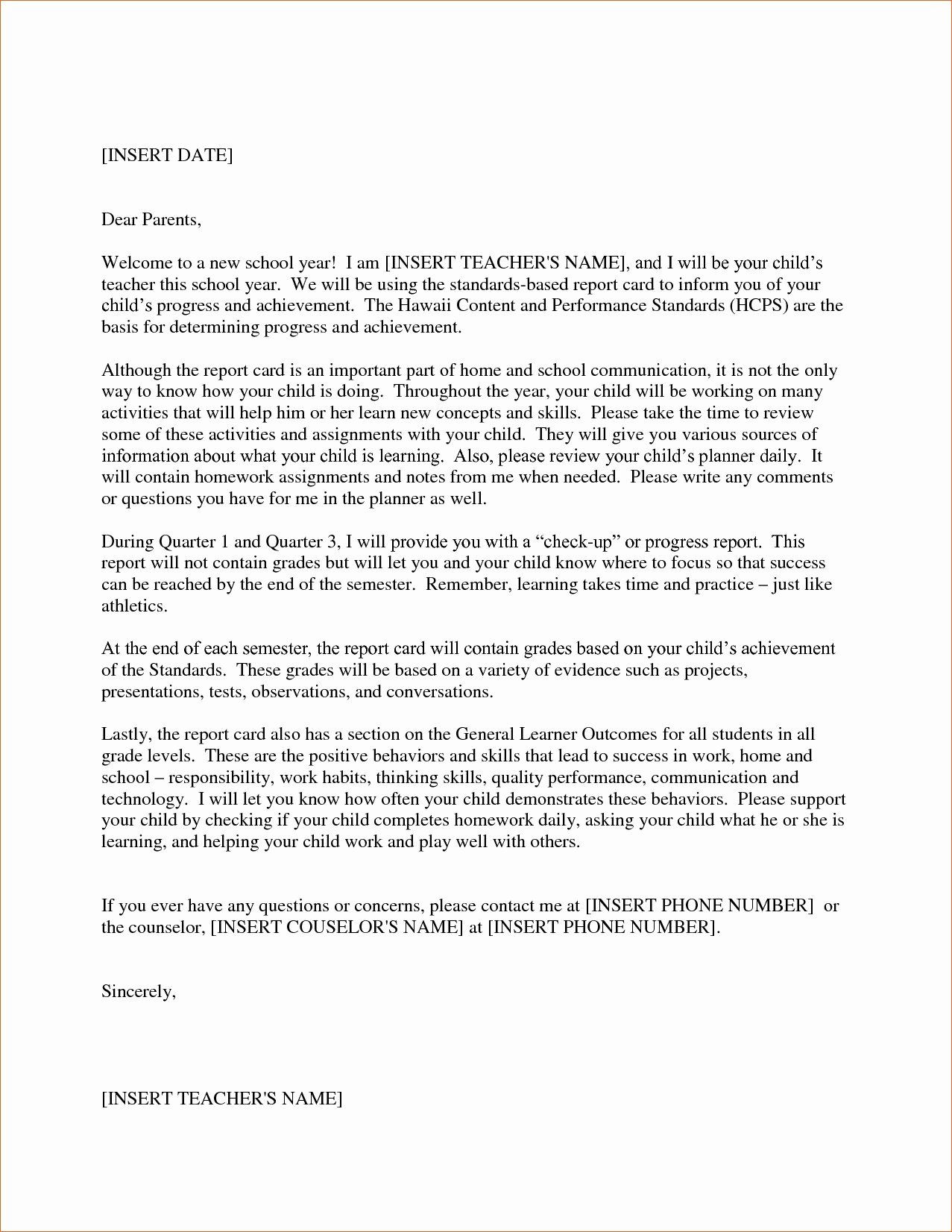 Letters to Parents Template Lovely Teacher Wel E Letter to Parents Template Samples