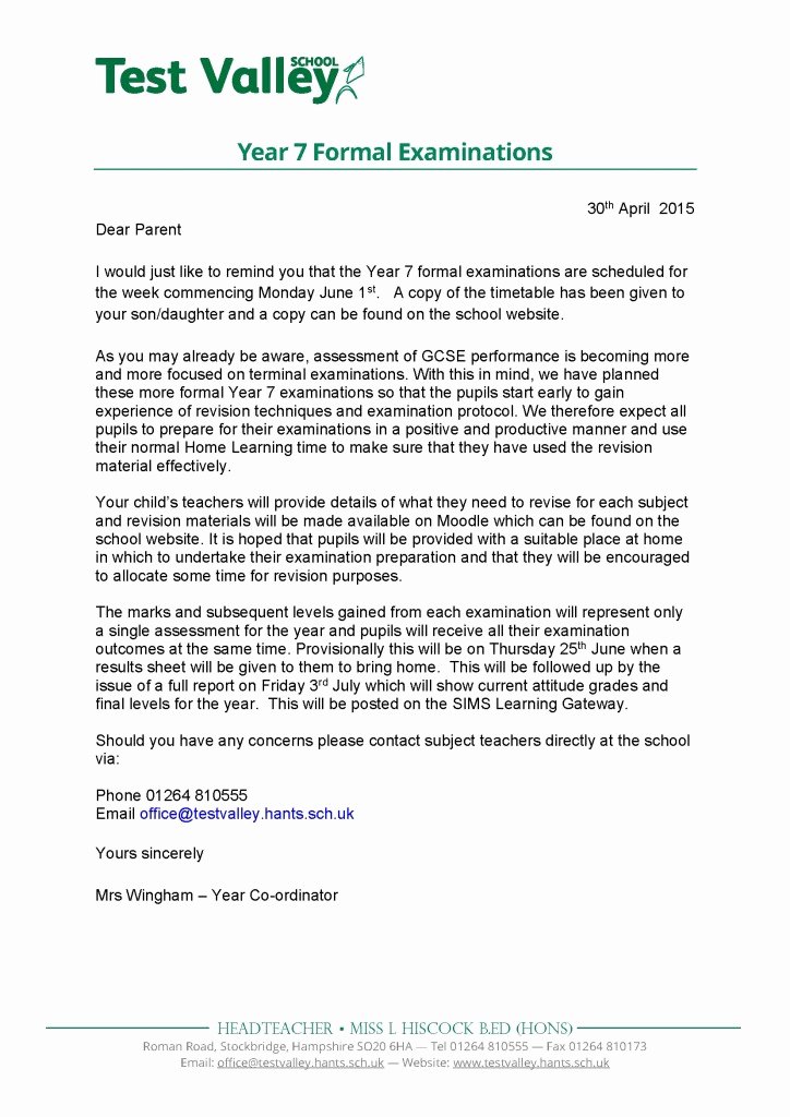 Letters to Parents Template New Test Valley School — Year 7 formal Examinations