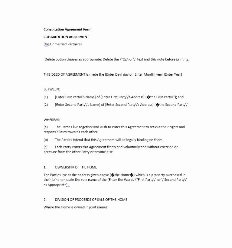 Living Agreement Template Lovely Cohabitation Agreement 30 Free Templates &amp; forms