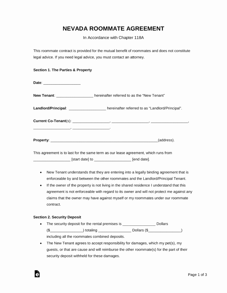 Living Agreement Template Luxury Free Nevada Roommate Agreement Template Pdf