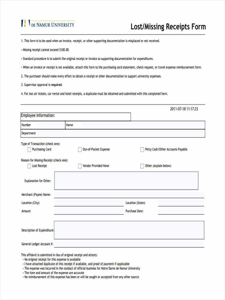 Lost Receipt form Template Fresh 5 Standard Receipt form Samples Free Sample Example