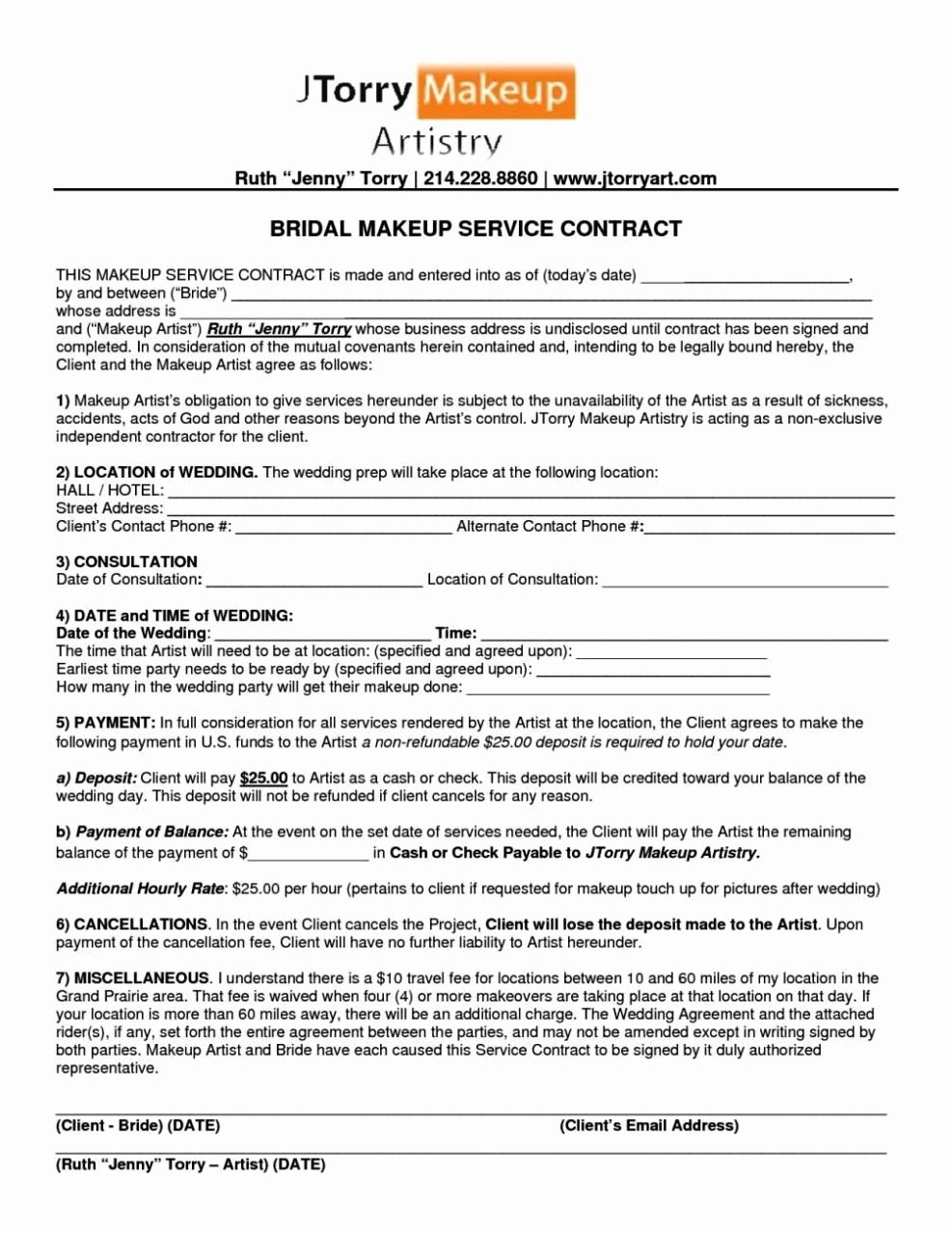 Makeup Contract Templates Fresh Bridal Makeup Contract Template Sampletemplatess