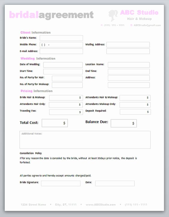 Makeup Contract Templates Lovely Freelance Hair Stylist &amp; Makeup Artist Bridal Agreement