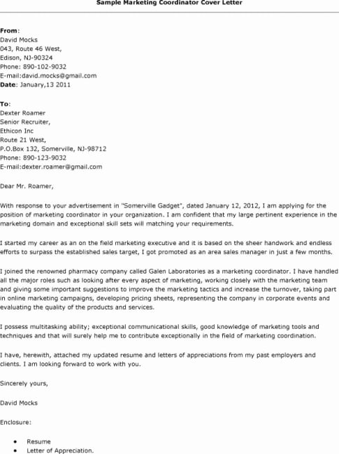 Marketing Coordinator Cover Letter Inspirational Marketing Coordinator Cover Letter