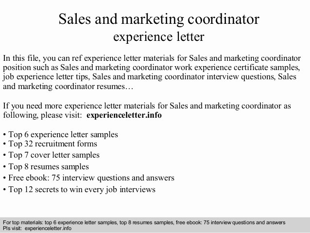 Marketing Coordinator Cover Letter Lovely Sales and Marketing Coordinator Experience Letter