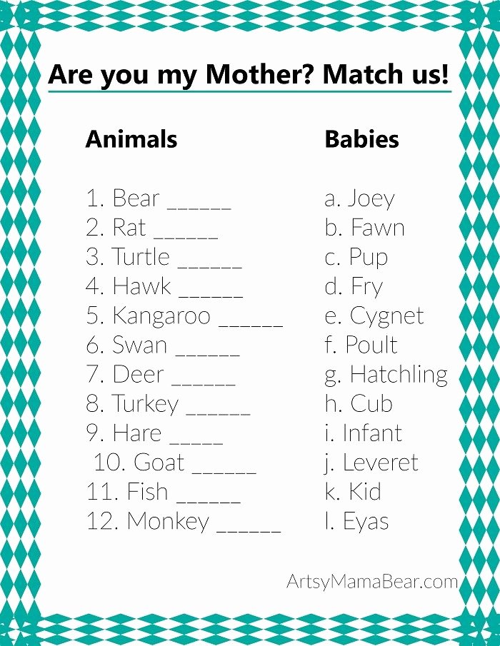 Matching Test Template Microsoft Word Awesome Animal Matching Baby Shower Game Free Printable