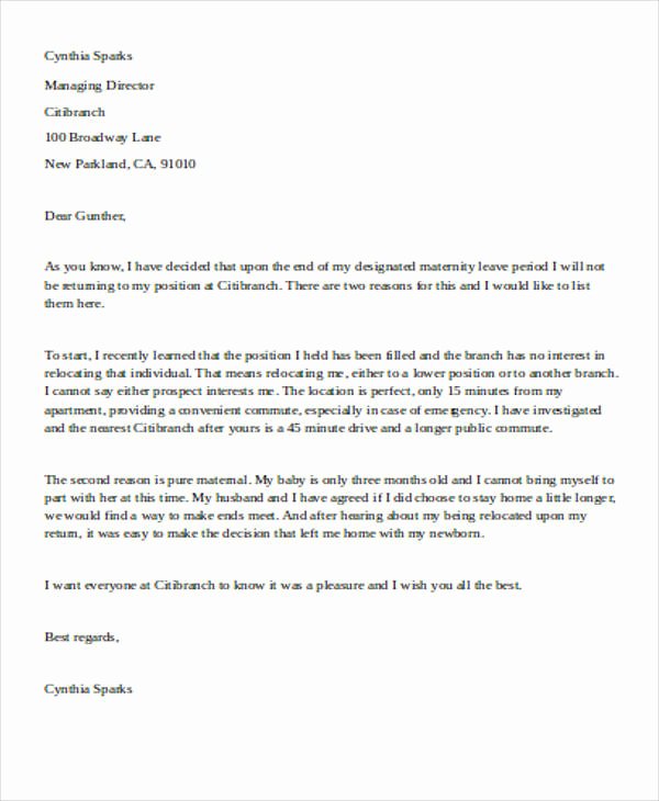 Maternity Leave Resignation Letter Beautiful 5 Maternity Resignation Letter Samples Examples Templates