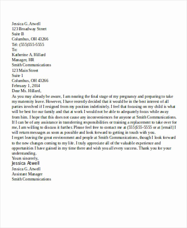 Maternity Leave Resignation Letter Best Of 5 Maternity Resignation Letter Samples Examples Templates