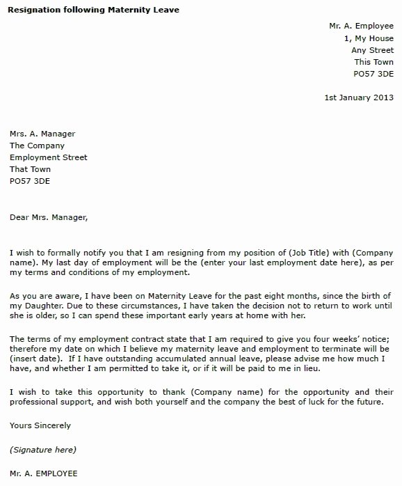 Maternity Leave Resignation Letter Unique Maternity Leave Resignation Letter Example toresign