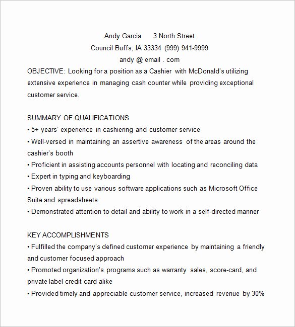 Mcdonalds Job Description Resume Best Of Cashier Resume Template – 16 Free Samples Examples