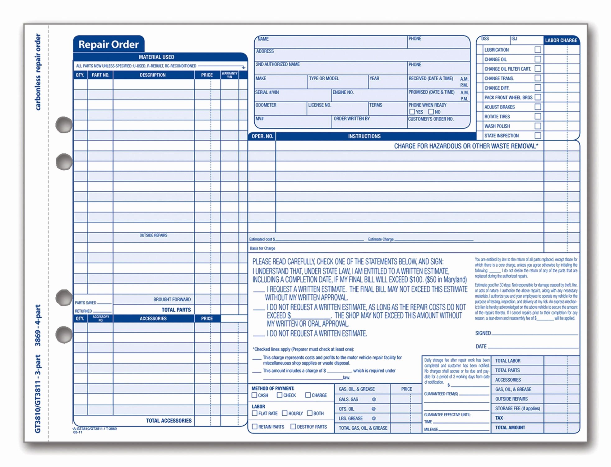 Mechanic Receipt Template Beautiful Adams Garage Repair order forms 8 5 X 11 44 Inches 3 Part