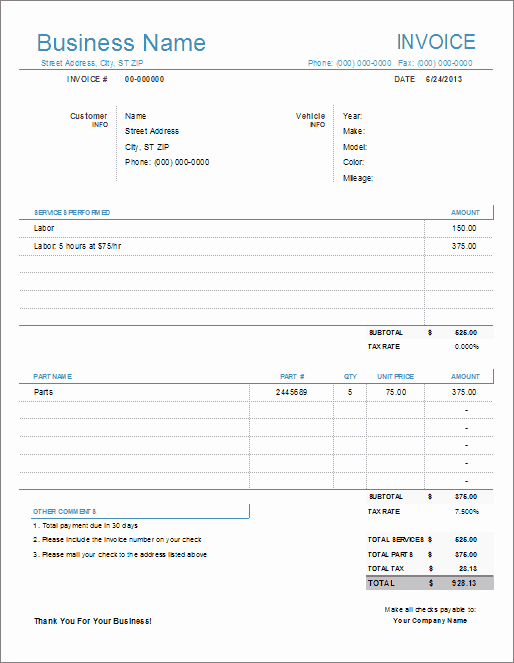 Mechanic Receipt Template Beautiful Auto Repair Invoice Template for Excel