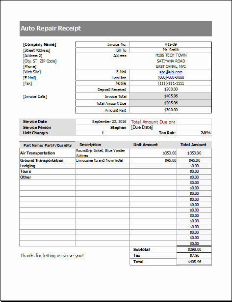 Mechanic Receipt Template Beautiful Ms Excel Editable Printable Auto Repair Receipt Template