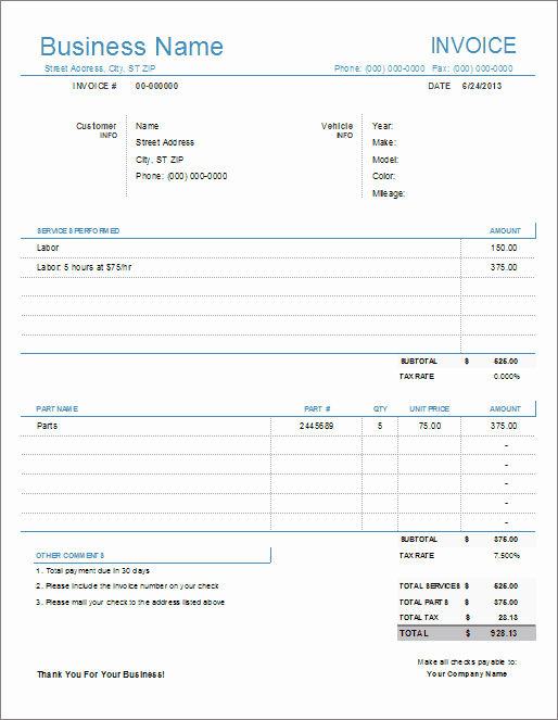 Mechanic Receipt Template Best Of Auto Repair Invoice Light Version