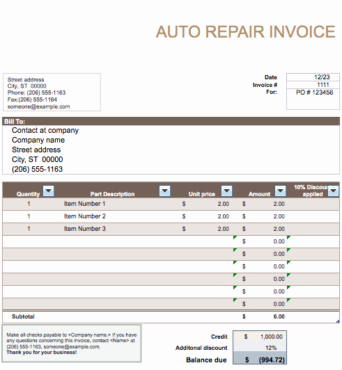 Mechanic Receipt Template Fresh Auto Repair Invoice Template Word