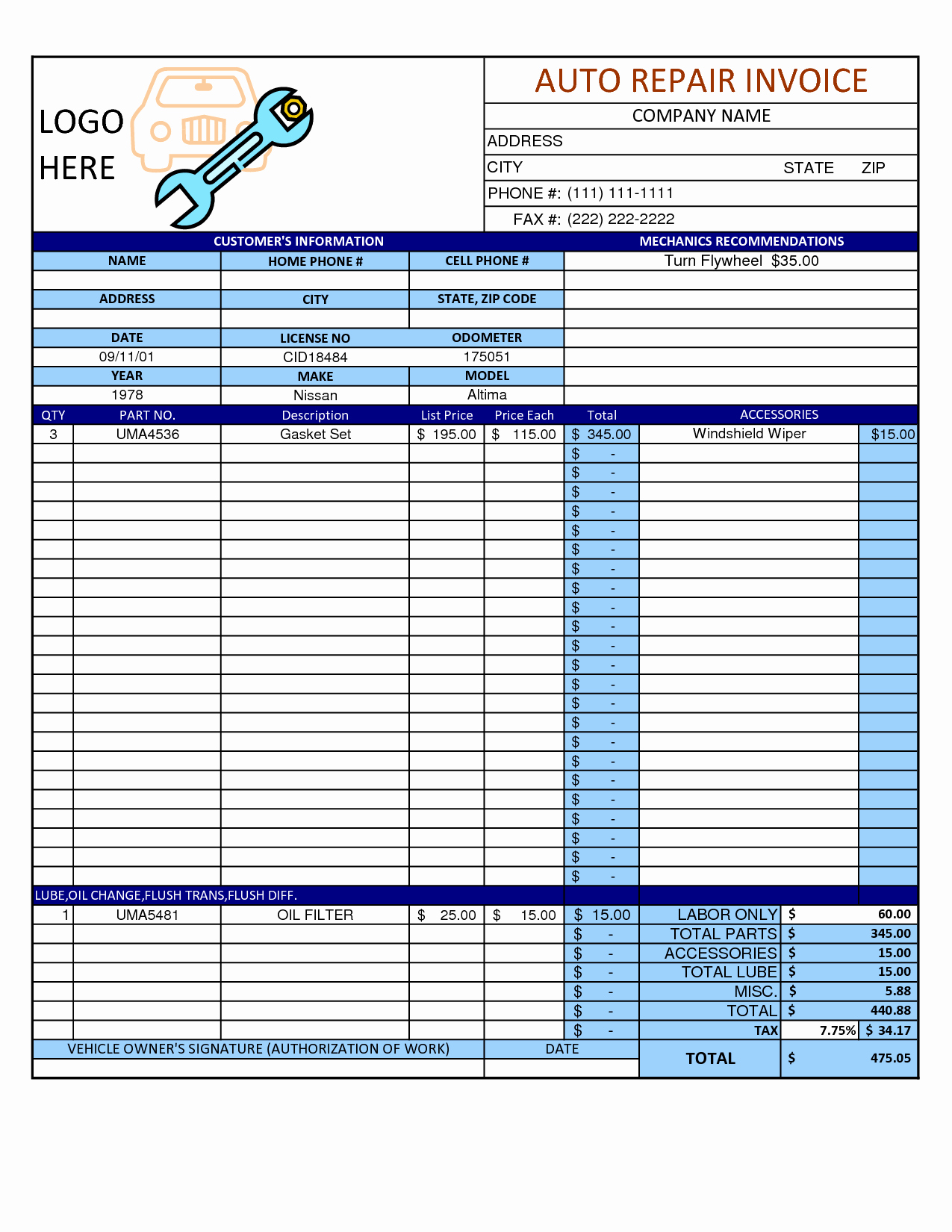 Mechanic Receipt Template Fresh Mechanic Shop Invoice