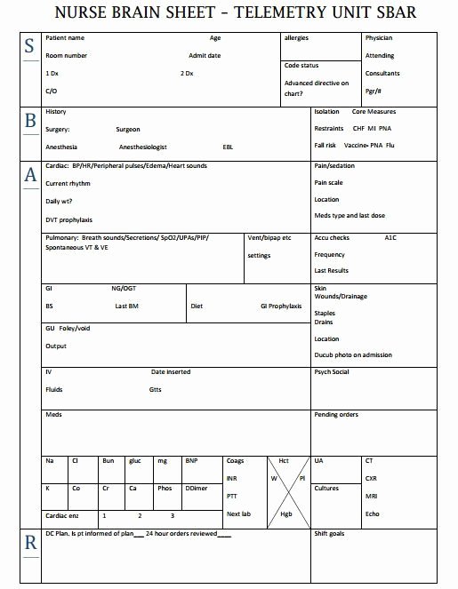 Med Surg Report Sheet Lovely Nurse Brain Sheets – Telemetry Unit Sbar