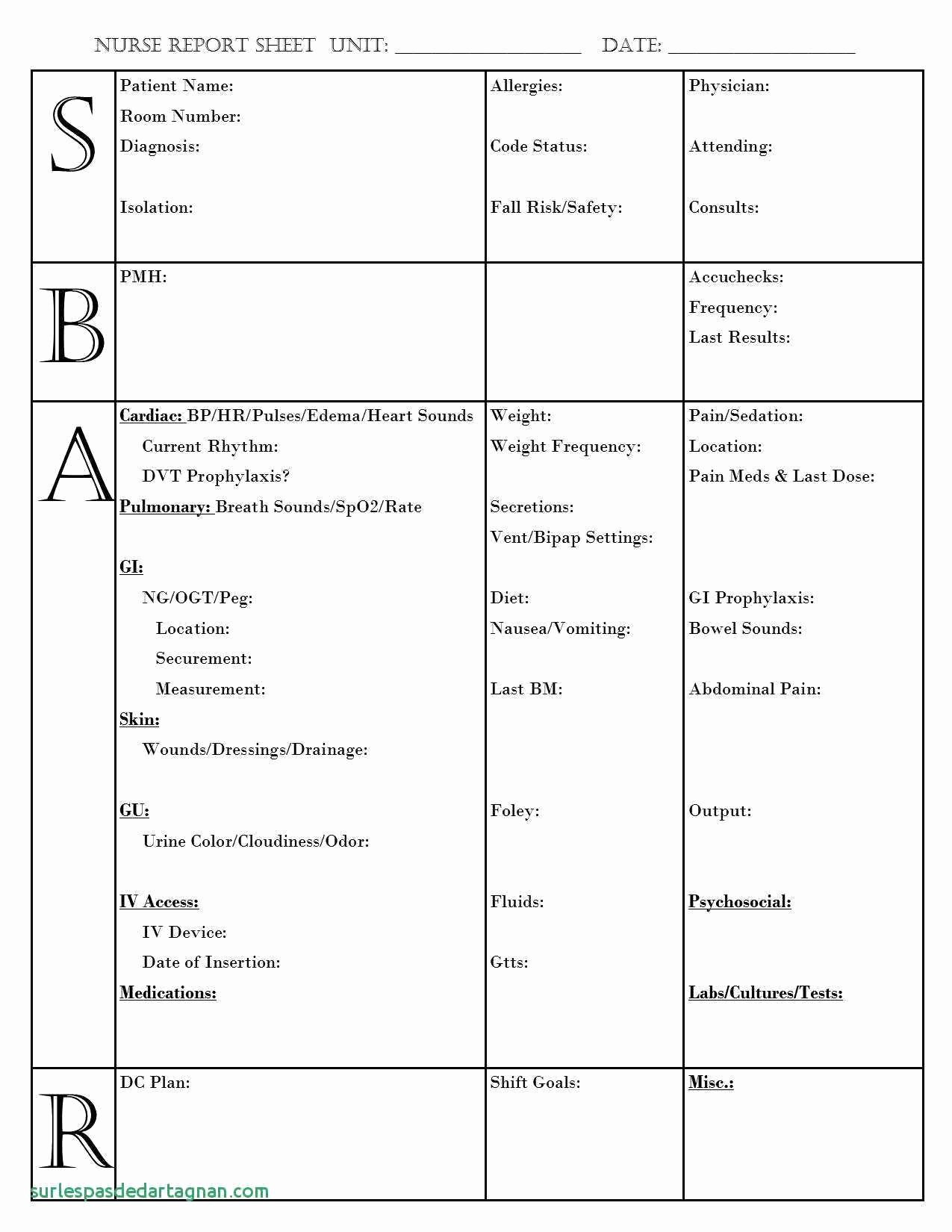 Med Surg Report Sheet Unique Nursing Report Sheet Template to Her with Sbar Nurse