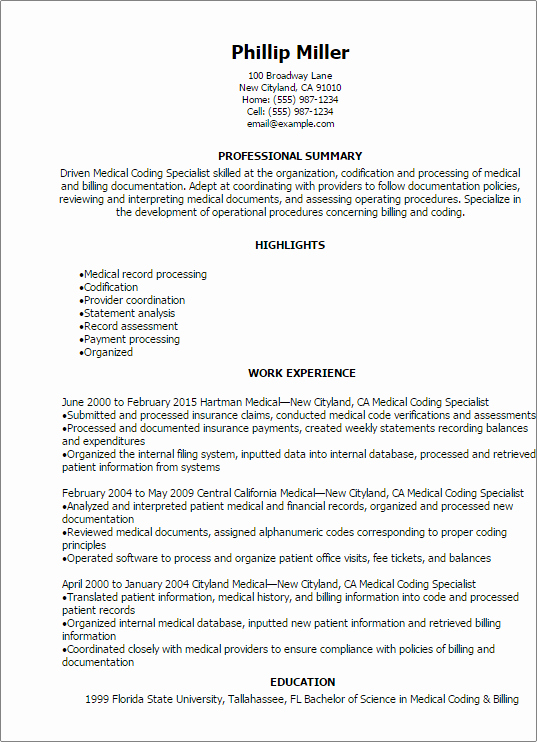 Medical Biller Resume Examples Awesome Professional Medical Coding Specialist Resume Templates to