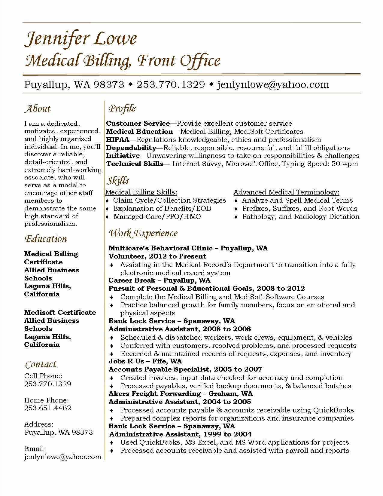 Medical Biller Resume Examples Lovely Jennifer Lowe Resume Medical Billing Resume Career