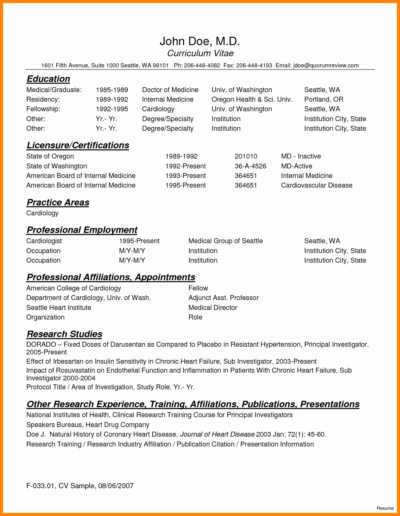 Medical Cv Template Word Beautiful 8 Curriculum Vitae for Doctors Sample