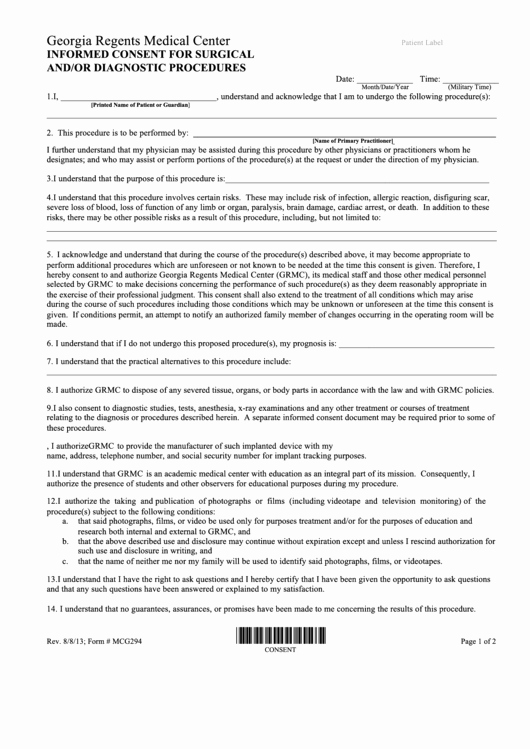 Medical Procedure Consent form Template Awesome Fillable form Mcg294 Informed Consent for Surgical and