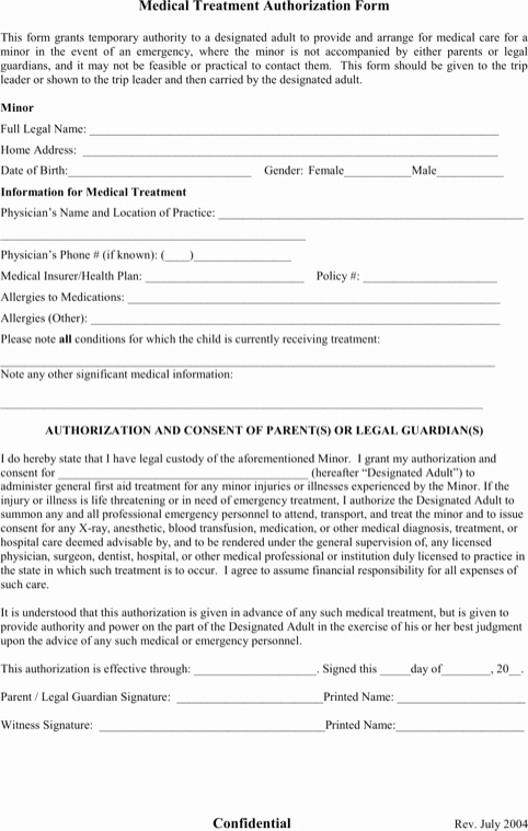 Medical Release form for Babysitter Awesome Authorization for Minor S Medical Treatment