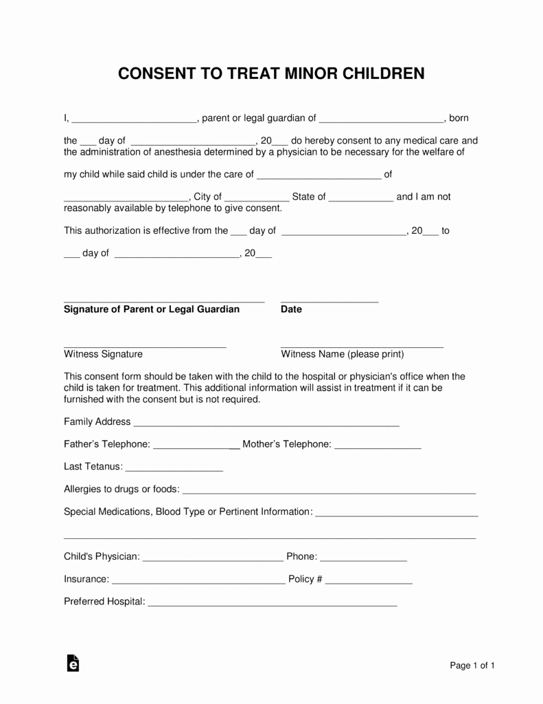 Medical Release form for Babysitter Awesome Free Minor Child Medical Consent form Word