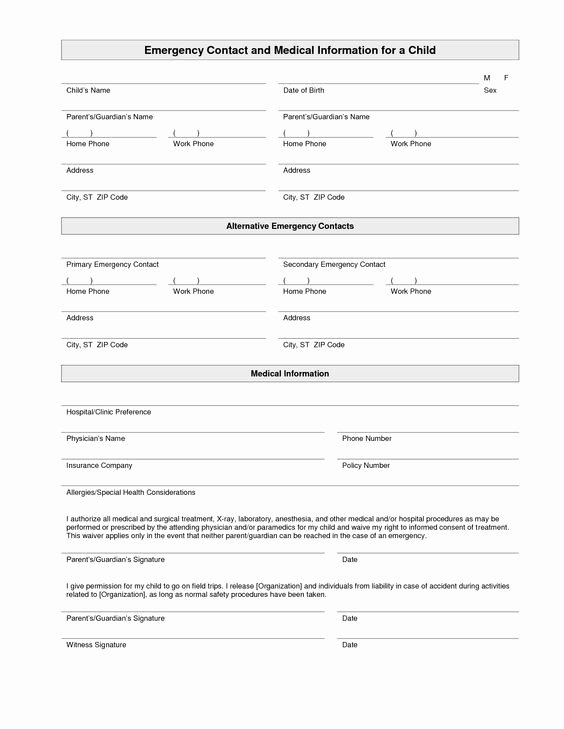 Medical Release form for Babysitter Elegant Printable Emergency Contact form Template