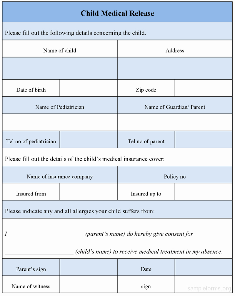 Medical Release form for Babysitter New Child Medical Release form Sample forms