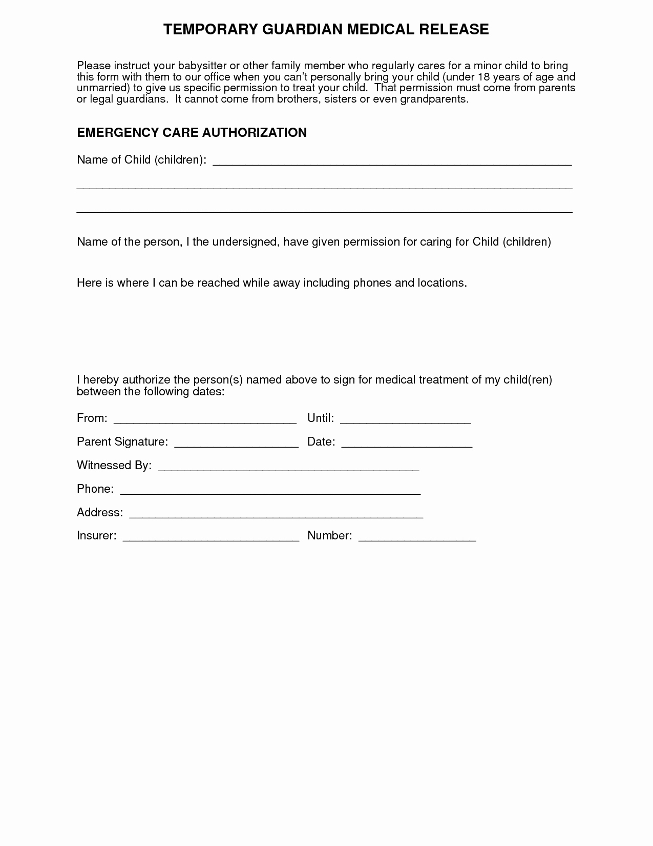 Medical Release form for Babysitter New Medical Authorization form for Grandparents