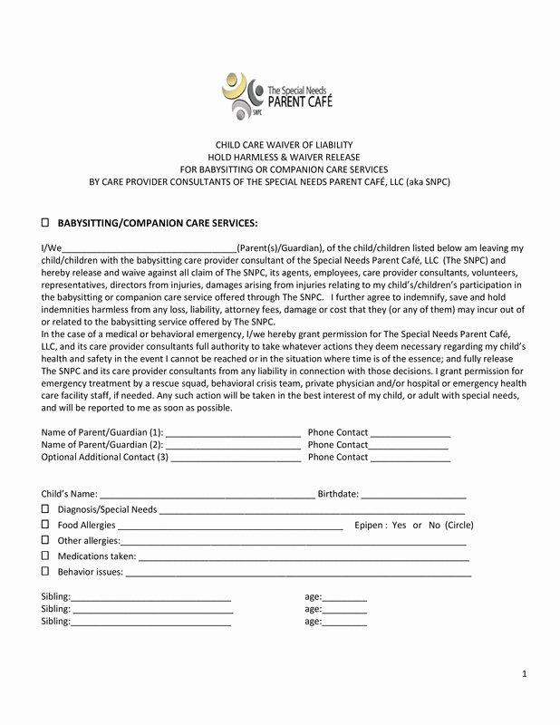 Medical Release form for Babysitter Unique Liability Waiver