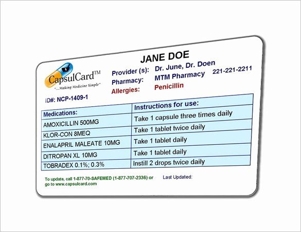 Medication Wallet Card Template Lovely 8 Medication Card Templates Doc Pdf