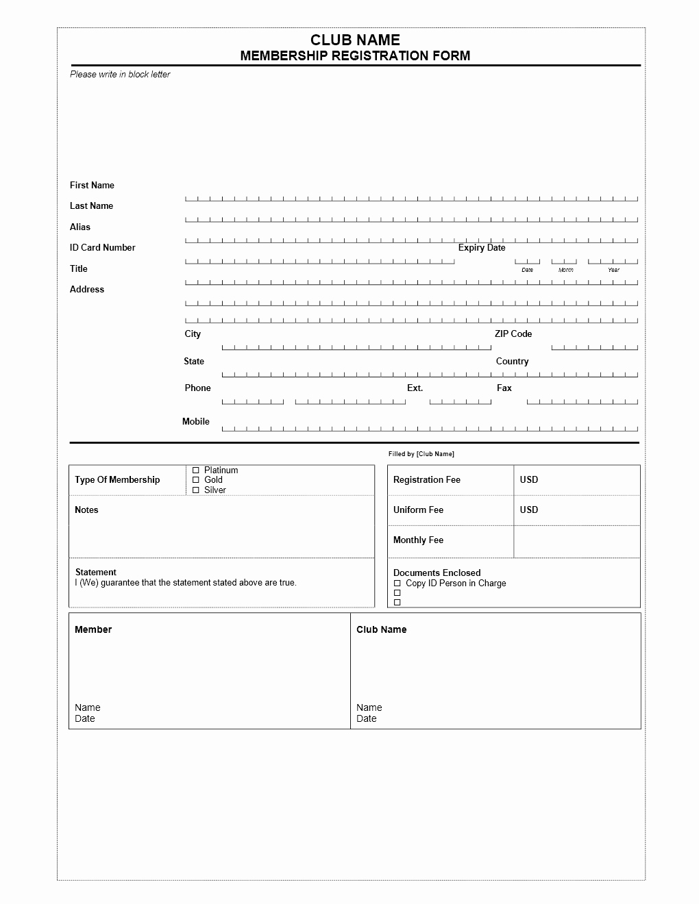 Membership Application Template Free New Club Membership Application form