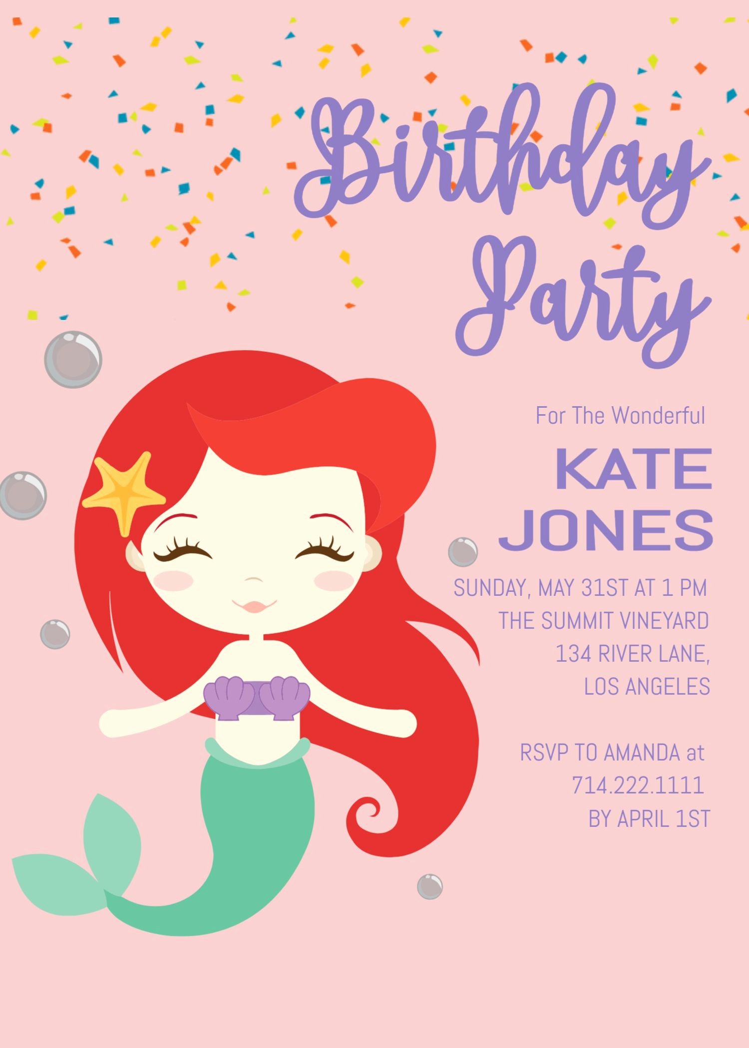 Mermaid Birthday Invitation Templates Lovely Little Mermaid Birthday Invitation Invite Under the Sea