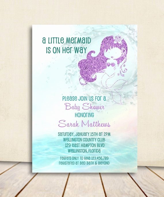 Mermaid Birthday Invitation Templates Lovely Mermaid Baby Shower Invitation Turquoise and Purple Glitter