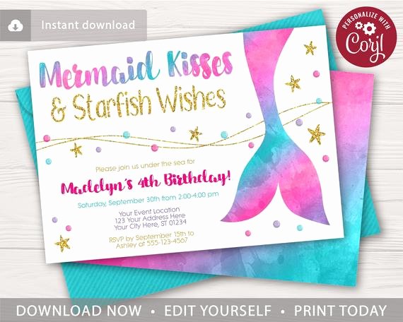 Mermaid Birthday Invitation Templates Unique Mermaid Birthday Invitation In Watercolor Hot Pink Purple