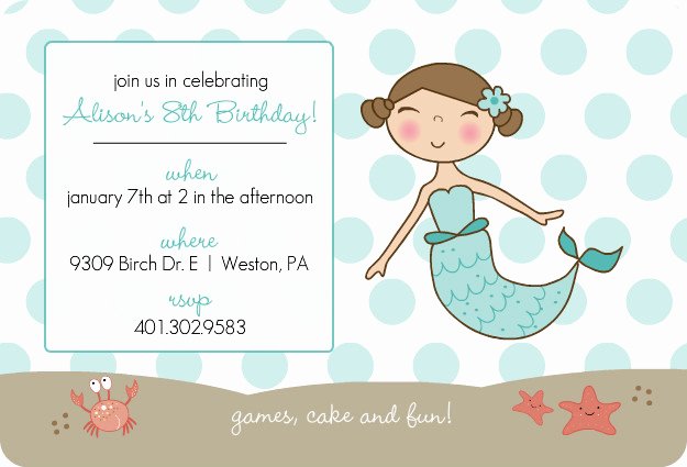 Mermaid Invitation Template Free Elegant Blue Mermaid and Dots Kids Party Invitation Template