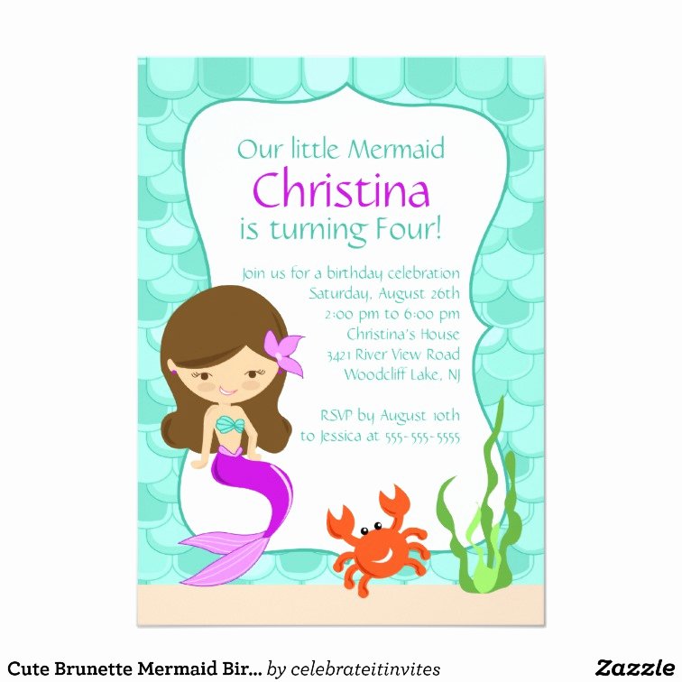 Mermaid Invitation Template Free Lovely Cute Brunette Mermaid Birthday Invitation