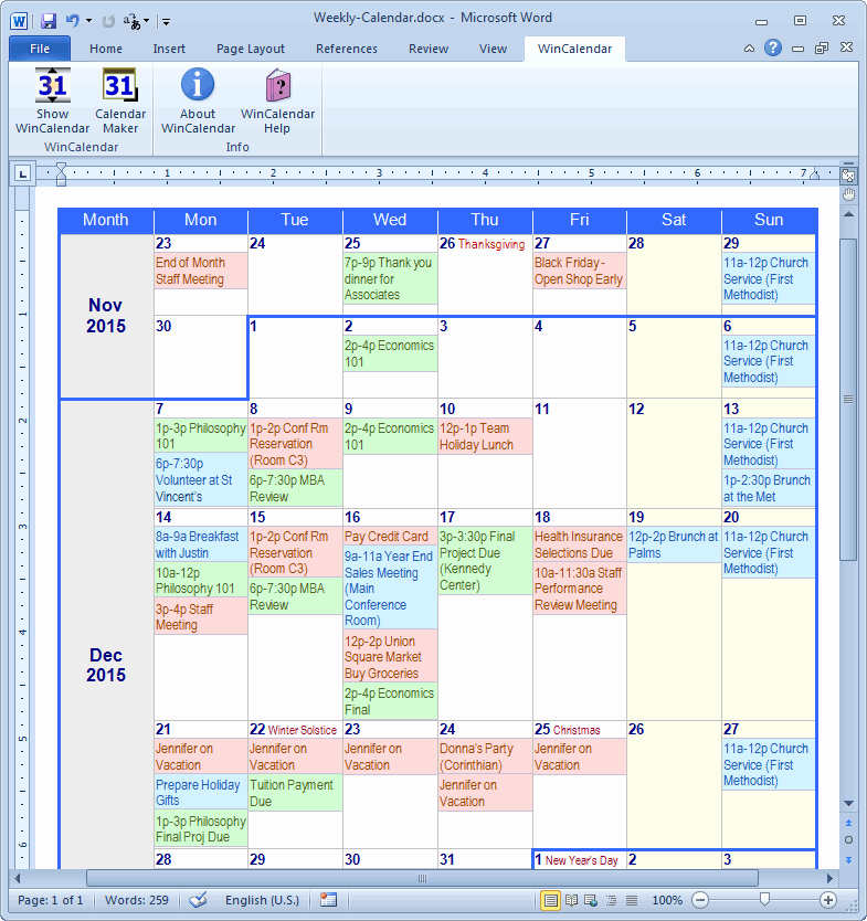 Microsoft Word Weekly Calendar Template Unique Calendar Maker &amp; Calendar Creator for Word and Excel