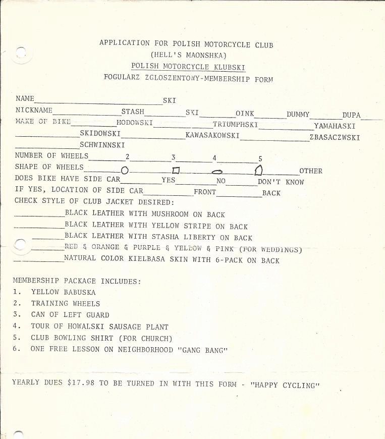 Motorcycle Club Application form Elegant Polish