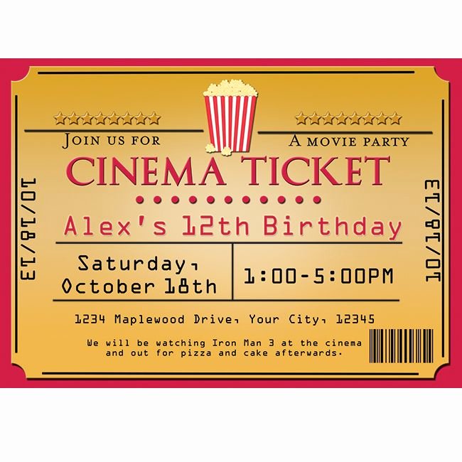 Movie Ticket Invitation Template Unique Cinema Movie theater Popcorn Ticket Birthday Party event